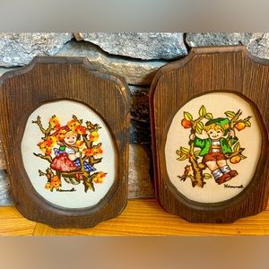 Vintage crewel embroidered framed pictures Hummel (2) folklore Hansel & Gretel